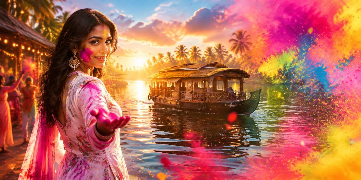 Indian player enjoying online slot games with scenic Kerala backwaters